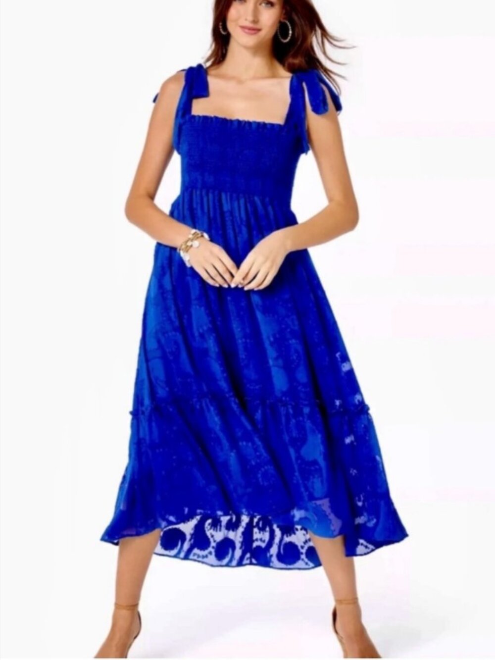 Lilly Pulitzer Hadly smocked maxi dress tiered royal blue large VGUC